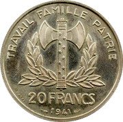 France 20 Francs (Petain Essai by Lavrillier) TRAVAIL FAMILLE PATRIE 20 FRANCS 1941 ESSAI coin reverse France 20 Francs (Petain Essai by Lavrillier) TRAVAIL FAMILLE PATRIE 20 FRANCS 1941 ESSAI coin reverse
