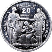 France 20 Francs (Petain Essai by Vezien) KM# Pn108 TRAVAIL ESSAI FAMILLE PATRIE 20 FRANCS 1941 coin reverse France 20 Francs (Petain Essai by Vezien) KM# Pn108 TRAVAIL ESSAI FAMILLE PATRIE 20 FRANCS 1941 coin reverse
