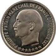 France 20 Francs Petain Essai. Hybride Vezien. Cochet 1941 c+w PHILIPPE PETAIN MARECHAL DE FRANCE CHEF DE L'ETAT VEZIEN coin obverse France 20 Francs Petain Essai. Hybride Vezien. Cochet 1941 c+w PHILIPPE PETAIN MARECHAL DE FRANCE CHEF DE L'ETAT VEZIEN coin obverse
