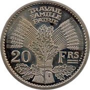France 20 Francs Petain Essai. Hybride Vezien. Cochet 1941 c+w TRAVAIL FAMILLE PATRIE 20 FRS coin reverse France 20 Francs Petain Essai. Hybride Vezien. Cochet 1941 c+w TRAVAIL FAMILLE PATRIE 20 FRS coin reverse