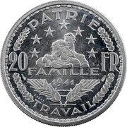 France 20 Francs (Petain Essai. Simon. Piedfort) PATRIE 20 FR FAMILLE 1941 TRAVAIL ESSAI coin reverse France 20 Francs (Petain Essai. Simon. Piedfort) PATRIE 20 FR FAMILLE 1941 TRAVAIL ESSAI coin reverse