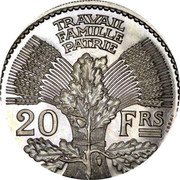 France 20 Francs Petain Pattern of Cochet 1941  KM# Pn106 TRAVAIL FAMILLE PATRIE 20 FRS ESSAI coin reverse France 20 Francs Petain Pattern of Cochet 1941  KM# Pn106 TRAVAIL FAMILLE PATRIE 20 FRS ESSAI coin reverse