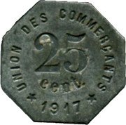 France 25 Centimes (Castelnaudary) UNION DES COMMERCANTS 25 CENT. 1917 coin reverse France 25 Centimes (Castelnaudary) UNION DES COMMERCANTS 25 CENT. 1917 coin reverse