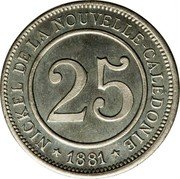 France 25 Centimes (New Caledonia) X# Tn3 NICKEL DE LA NOUVELLE-CALÉDONIE 25 1881 coin reverse France 25 Centimes (New Caledonia) X# Tn3 NICKEL DE LA NOUVELLE-CALÉDONIE 25 1881 coin reverse