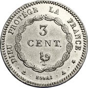 France 3 Centimes Essai by Tiolier 1830 A ND DIEU PROTÉGE LA FRANCE. 3 CENT. ESSAI A coin reverse