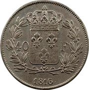 France 40 Francs (Louis XVIII. Essai by Michaut) 40 F 1816. coin reverse France 40 Francs (Louis XVIII. Essai by Michaut) 40 F 1816. coin reverse