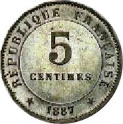 France 5 Centimes Essai by Merley. Type II. 16 Sides 1887 A REPUBLIQUE FRANCAISE 5 CENTIMES 1887 coin obverse France 5 Centimes Essai by Merley. Type II. 16 Sides 1887 A REPUBLIQUE FRANCAISE 5 CENTIMES 1887 coin obverse