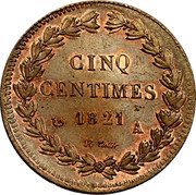 France 5 Centimes (Essai) CINQ CENTIMES 1821 A N. TIOLIER coin reverse France 5 Centimes (Essai) CINQ CENTIMES 1821 A N. TIOLIER coin reverse