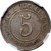 France 5 Centimes (New Caledonia) X# Tn1 SPECIMEN "LE NICKEL" ALL 25 75 5 SOCIÉTÉ ANONYME coin obverse France 5 Centimes (New Caledonia) X# Tn1 SPECIMEN "LE NICKEL" ALL 25 75 5 SOCIÉTÉ ANONYME coin obverse