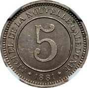 France 5 Centimes (New Caledonia) X# Tn1 NICKEL DE LA NOUVELLE-CALÉDONIE 5 1881 coin reverse France 5 Centimes (New Caledonia) X# Tn1 NICKEL DE LA NOUVELLE-CALÉDONIE 5 1881 coin reverse