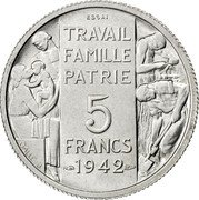 France 5 Francs (Essai by Galle) KM# Pn109 ESSAI TRAVAIL FAMILLE PATRIE 5 FRANCS 1942 GALLE.J coin reverse