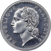 France 5 Francs Essai by Lavrillier. Piedfort 1945 c+w KM# PE311 REPVBLIQVE FRANÇAISE A.LAVRILLIER coin obverse