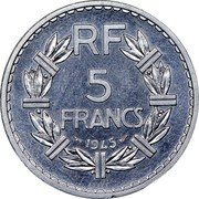 France 5 Francs Essai by Lavrillier. Piedfort 1945 c+w KM# PE311 5 FRANCS 1945 RF coin reverse