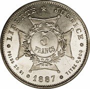 France 5 Francs Essai 1887  X# E3 LIBERTÉ JUSTICE 5 FRANCS POIDS 25.6GR 1887 TITRE 0,900 coin reverse