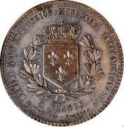 France 5 Francs Henri V. Essai Piedfort 1873 X# 38b 5 FRANCS. THEME DÉDIÉE À LA COMMISSION MONÉTAIRE INTERNATIONALE TITRE 0,835 - POIDS 25 GS coin reverse