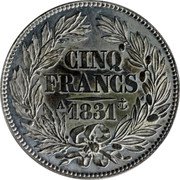 France 5 Francs (Louis Philips I. Essai by Barre) CINQ FRANCS 1831 A coin reverse