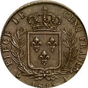 France 5 Francs Louis XVIII Pattern of Andrieu 1815 A PIECE DE CINQ FRANCS. 1815 A coin reverse
