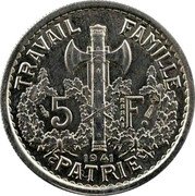 France 5 Francs Marshal Petain Essai by Bazor 1st Type 1941Â TRAVAIL FAMILLE PATRIE 5 E S S A I F 1941 coin reverse France 5 Francs Marshal Petain Essai by Bazor 1st Type 1941Â TRAVAIL FAMILLE PATRIE 5 E S S A I F 1941 coin reverse