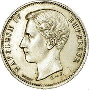 France 5 Francs Napoleon IV. Essai 1874 X# E44.2 C DE F NAPOLEON IV EMPEREUR ESSAI coin obverse France 5 Francs Napoleon IV. Essai 1874 X# E44.2 C DE F NAPOLEON IV EMPEREUR ESSAI coin obverse