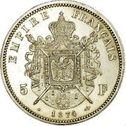 France 5 Francs Napoleon IV. Essai 1874 X# E44.2 5 F 1874 EMPIRE FRANÇAIS coin reverse France 5 Francs Napoleon IV. Essai 1874 X# E44.2 5 F 1874 EMPIRE FRANÇAIS coin reverse