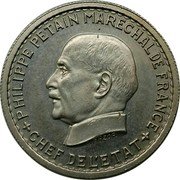 France 5 Francs Pattern of Bazor. Petain 3rd Type. Small 5 1941Â PHILIPPE PETAIN MARECHAL DE FRANCE CHEF DE L'ETAT coin obverse France 5 Francs Pattern of Bazor. Petain 3rd Type. Small 5 1941Â PHILIPPE PETAIN MARECHAL DE FRANCE CHEF DE L'ETAT coin obverse