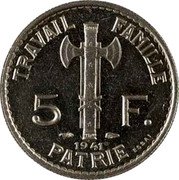 France 5 Francs Petain Essai Definitive 1941 c+w 5 straight TRAVAIL FAMILLE PATRIE 5 F. 1941 ESSAI coin reverse France 5 Francs Petain Essai Definitive 1941 c+w 5 straight TRAVAIL FAMILLE PATRIE 5 F. 1941 ESSAI coin reverse
