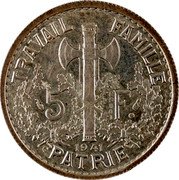 France 5 Francs (Petain Essai Type I) TRAVAIL FAMILLE PATRIE 5 E S S A I F 1941 coin reverse