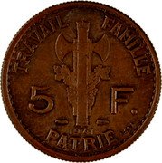 France 5 Francs (Petain Essai Type II) TRAVAIL FAMILLE PATRIE 5 F P PETAIN 1941 ESSAI coin reverse