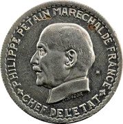 France 5 Francs Petain Essai Type II. M 1941 c+w PHILIPPE PETAIN MARECHAL DE FRANCE CHEF DE L'ETAT L.BAZOR coin obverse