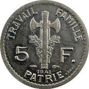 France 5 Francs Petain Essai Type II. M 1941 c+w TRAVAIL FAMILLE PATRIE 5 F P PETAIN 1941 ESSAI coin reverse