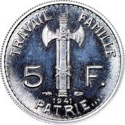 France 5 Francs Petain Essai Type III Piedfort 1941 c+w KM# PE308 TRAVAIL FAMILLE PATRIE 5 F. 1941 ESSAI coin reverse France 5 Francs Petain Essai Type III Piedfort 1941 c+w KM# PE308 TRAVAIL FAMILLE PATRIE 5 F. 1941 ESSAI coin reverse
