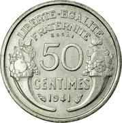 France 50 Centimes (Essai by Morlon) LIBERTE EGALITE FRATERNITE 50 CENTIMES 1941 ESSAI coin reverse