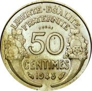 France 50 Centimes Essai by Morlon. Heavy and Narrow 1948  LIBERTE EGALITE FRATERNITE ESSAI 50 CENTIMES 1948 coin reverse France 50 Centimes Essai by Morlon. Heavy and Narrow 1948  LIBERTE EGALITE FRATERNITE ESSAI 50 CENTIMES 1948 coin reverse