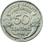 France 50 Centimes (Essai by Morlon. Heavy Type) LIBERTE EGALITE FRATERNITE 50 CENTIMES 1941 coin reverse