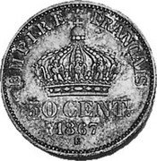 France 50 Centimes (Essai) KM# AE29 50 CENT 1867 E EMPIRE FRANÇAIS coin reverse