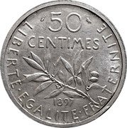 France 50 Centimes Essai Module of 5 Francs 1897  50 CENTIMES 1897 LIBERTE EGALITE FRATERNITE coin reverse