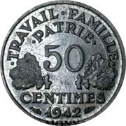 France 50 Centimes (Essai Piedfort Francisque) 50 CENTIMES 1942 TRAVAIL FAMILLE PATRIE coin reverse France 50 Centimes (Essai Piedfort Francisque) 50 CENTIMES 1942 TRAVAIL FAMILLE PATRIE coin reverse