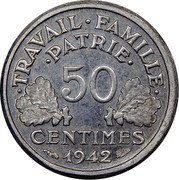 France 50 Centimes (Francisque Essai) KM# E83a 50 CENTIMES 1942 TRAVAIL FAMILLE PATRIE coin reverse France 50 Centimes (Francisque Essai) KM# E83a 50 CENTIMES 1942 TRAVAIL FAMILLE PATRIE coin reverse