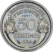 France 50 Centimes Morlon Pattern 1939  LIBERTE EGALITE FRATERNITE ESSAI 50 CENTIMES 1939 coin reverse France 50 Centimes Morlon Pattern 1939  LIBERTE EGALITE FRATERNITE ESSAI 50 CENTIMES 1939 coin reverse
