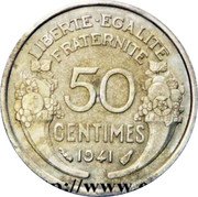 France 50 Centimes (Pre-series by Morlon. Without the Word Essai) LIBERTE EGALITE FRATERNITE 50 CENTIMES 1941 coin reverse