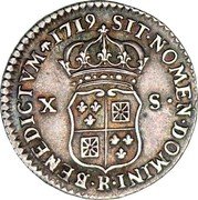 France 1/12 ECU (10 Sols) (Navarre. Louis XV) SIT. NOMEN. DOMINI. R BENEDICTVM 1719. X S . coin reverse France 1/12 ECU (10 Sols) (Navarre. Louis XV) SIT. NOMEN. DOMINI. R BENEDICTVM 1719. X S . coin reverse