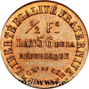 France 1/2 Franc (Essai. People's Bank) LIBERTÉ ÉGALITÉ FRATERNITÉ 1/2 FC L'AN 56 DE LA REPUBLIQUE MONNAIE DE CONVENTON CUIVRE. coin reverse France 1/2 Franc (Essai. People's Bank) LIBERTÉ ÉGALITÉ FRATERNITÉ 1/2 FC L'AN 56 DE LA REPUBLIQUE MONNAIE DE CONVENTON CUIVRE. coin reverse