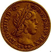 France 1/2 Louis D'or (Louis XIIII. Child.) KM# P64 LVD XIIII D G FR ET NAV REX 1644 coin obverse France 1/2 Louis D'or (Louis XIIII. Child.) KM# P64 LVD XIIII D G FR ET NAV REX 1644 coin obverse
