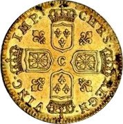 France 1/2 Louis D'or (Louis XV. Caen) KM# 428.7 CHRS REGN VINC IMP C coin reverse France 1/2 Louis D'or (Louis XV. Caen) KM# 428.7 CHRS REGN VINC IMP C coin reverse