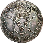 France 1/4 ECU Louis XIV Coinage 1702 B SIT. NOMEN. DOMINI. BENEDICTVM. 1702 coin reverse France 1/4 ECU Louis XIV Coinage 1702 B SIT. NOMEN. DOMINI. BENEDICTVM. 1702 coin reverse
