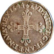 France 1/8 ECU (Louis XIII) LVD XIIII DG FRA ET NAVA REX 1644 coin reverse France 1/8 ECU (Louis XIII) LVD XIIII DG FRA ET NAVA REX 1644 coin reverse