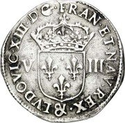 France 1/8 ECU (Louis XIII. & mint) LVDOVIC. XIII. D. G. FRANC. ET. NAV. REX. & V III coin obverse France 1/8 ECU (Louis XIII. & mint) LVDOVIC. XIII. D. G. FRANC. ET. NAV. REX. & V III coin obverse