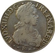 France 1 ECU (Louis XIV) LVD.XIIII.D.G. FR.ET.NA.RE.BD F coin obverse France 1 ECU (Louis XIV) LVD.XIIII.D.G. FR.ET.NA.RE.BD F coin obverse