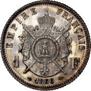 France 1 Franc (Napoleon III Essai bu Barre) KM# E27 1 F EMPIRE FRANÇAIS 1866 coin reverse France 1 Franc (Napoleon III Essai bu Barre) KM# E27 1 F EMPIRE FRANÇAIS 1866 coin reverse
