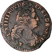 France 1 Liard (Louis XIV. Old Bust) L. XIIII. ROY. DE. FR. ET. DE. NAV. 1697 coin obverse France 1 Liard (Louis XIV. Old Bust) L. XIIII. ROY. DE. FR. ET. DE. NAV. 1697 coin obverse